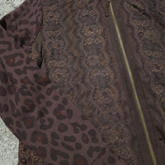 EVY'S TREE Leopars Knit Pieced Jacket, Lace Front Panel, Chocolate Brown, XL - Picture 14 of 16